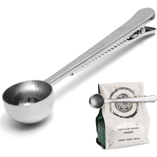 1 Pc Silver Stainless Steel Ground Coffee Tea Measuring Scoop Spoon With Bag Seal Clip Professional Kitchen Bar Tool