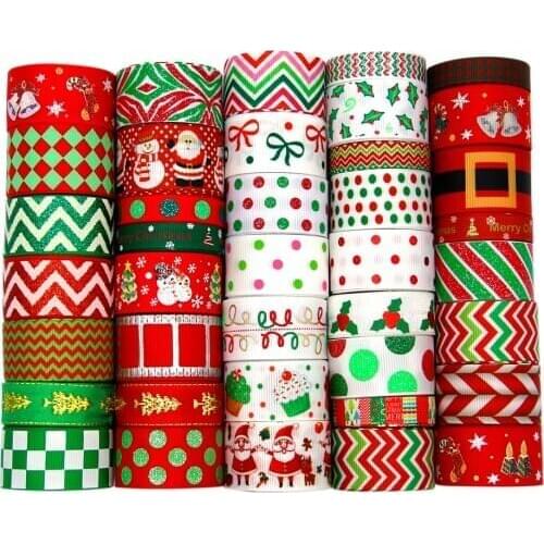 Merry Christmas 1y/roll 10roll/set Grosgrain Ribbon Fabric (Random Sold) DIY Party/Wrapping/Hair Bow Decoration Sewing,1Yc8508