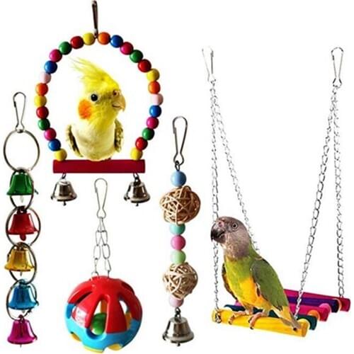 5PCS Parrot Cage Toys Fashion Assorted Parrot Hanging Toys Bird Hanging Bells Colorful Wood Toy Bird Funny Favor Toy Accessories