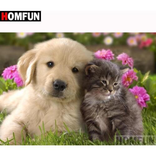 HOMFUN Full Square/Round Drill 5D DIY Diamond Painting "Animal dog cat" 3D Diamond Embroidery Cross Stitch Home Decor A18695