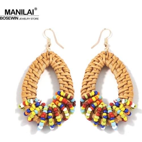 MANILAI Bohemian Straw Rattan Drop Earrings Handmade Resin Bead Earrings Statement Dangle Earring Beach Jewelry
