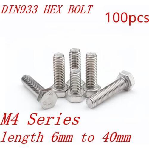 100pcs DIN933 M4 4mm 304 stainless steel hex bolt M4*8/10/12/1/16/18/20/25/30/35/40mm