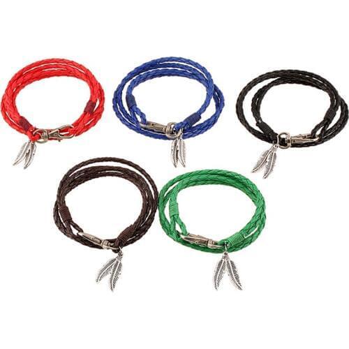 5 Colors Pu Leather Hand Made Hook Bracelets 42cm Adjustable Size Leaf Pendant Bracelet Rope Chain Manual Woven Bangles Jewelry