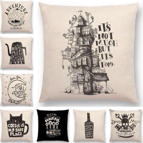 Hot Sale Black And White Decorative Letters Interesting Pattern Home Coffe Love Cat Adventure Bottle Cushion Cover Pillow Case