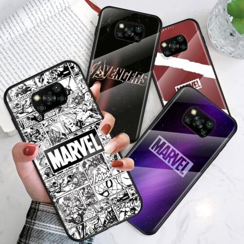 Tempered Glass Shell Luxury Cover Marvel Logo Avengers For Xiaomi Mi POCO F3 F2 X3 NFC X2 M2 Pro Shockproof Phone Case