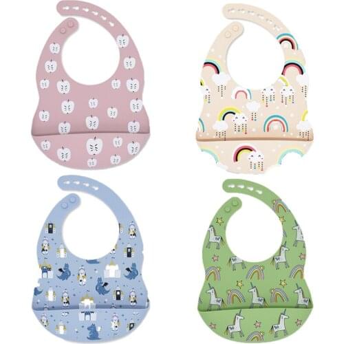Baby Bibs Newborn Cute Cartoon Kid Silicone Rainbow Bib Adjustable Waterproof Stain Resistant Toddler Burp Cloth Baby Scarf