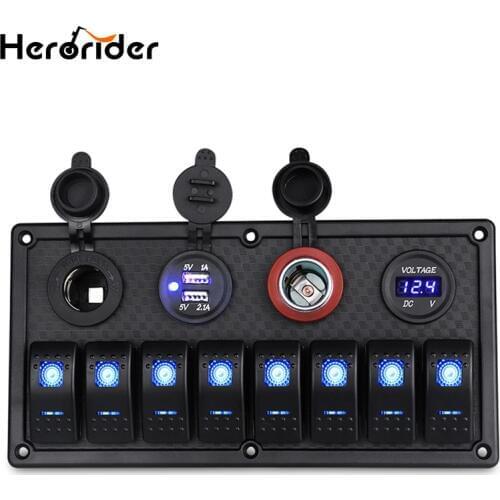 Herorider 8 Gang Switch Panel For Marine Boat Rocker 3.1A Dual Car Charger Car Cigarette Lighter Socket Splitter Digital Voltmer
