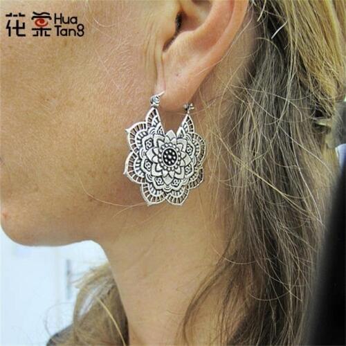 HuaTang Gold Silver Color Boho Earrings for Women Geometric Manara Flower Carving Piercing Earrings Jewelry Pendientes 5123
