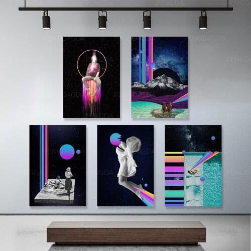 Artwork Prints HD Poster Planet Woman Mountain Night Scene Canvas Painting Framework Living Room Wall Home Decor Modular Picture