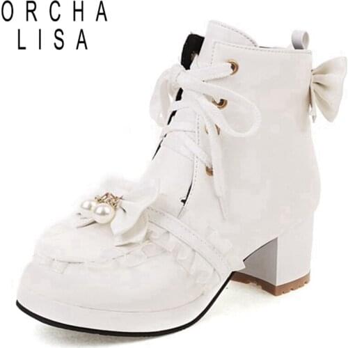 ORCHALISA Lolita Autumn Winter Ankle Short Boots Round toe Chunky Heels Zip Lace Up Bow Ladylike Small Size 30-43 Cosplay S2474