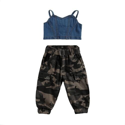 2Pcs Toddler Girl Summer Outfits, Casual Button Down Denim Crop Tank Tops + Camouflage Pants Set 2021 New
