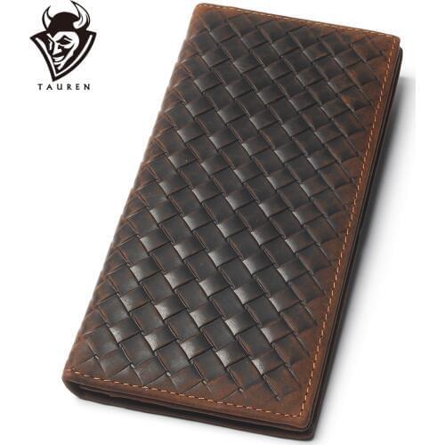 Mens Braided Wallet Crazy Horse 100% Genuine Leather Purse Top Grade Soft Long Branded Coin For Men