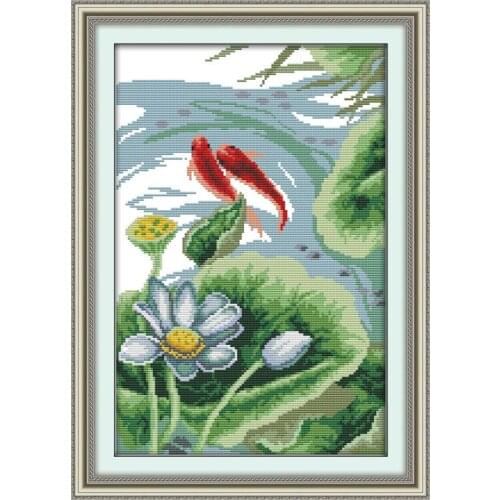 Joy Sunday Printed Cross Stitch Kit Lotus&carps 11&14CT Cross Stitch Embroidery Needlework Home Decor Wall Floral Painting