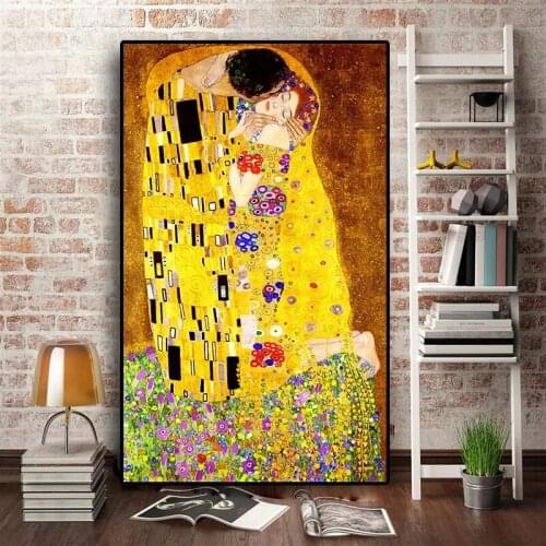 Figure Printed Poster Modern Gold Wall Art Classical Artist Kisses Living Room Abstract Oil Painting On Canvas Painting decor