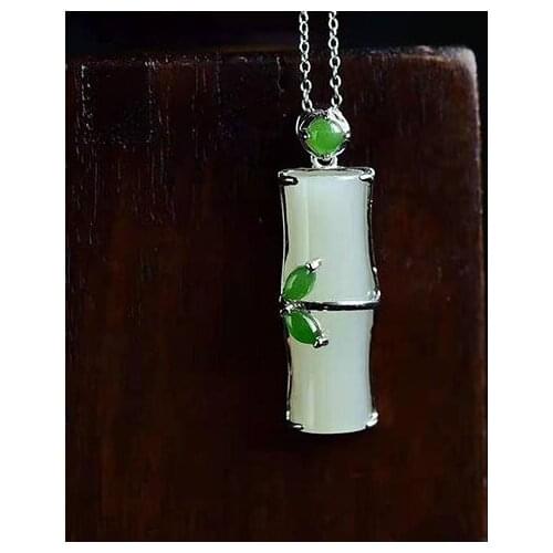Natural hetian jade white jade green bamboo 925 sterling silver pendant section high jade pendant necklace