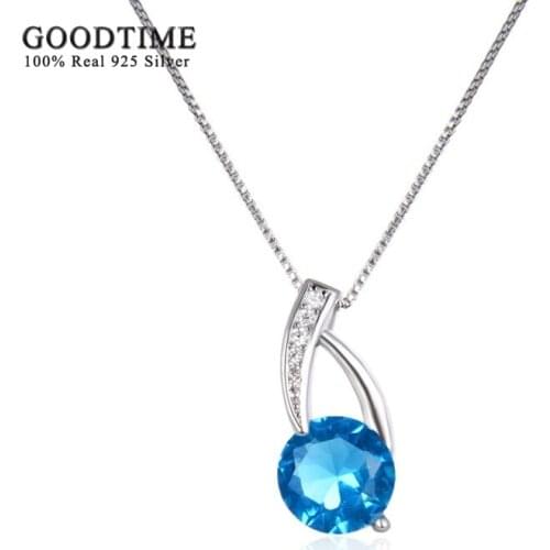 Luxury Necklace For Women Pure 925 Sterling Silver Round Blue Zircon Crystal Pendant Chain Fashion Jewelry Gift For Lady Girl
