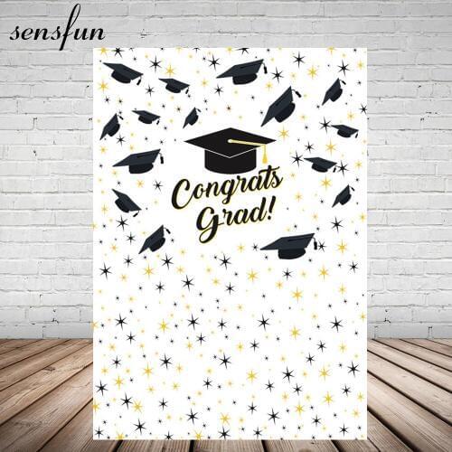 Sensfun Congrats Grad Photography Backgrounds Bachelor Cap Little Stars White Graduation Backdrop 5x7FT Vinyl