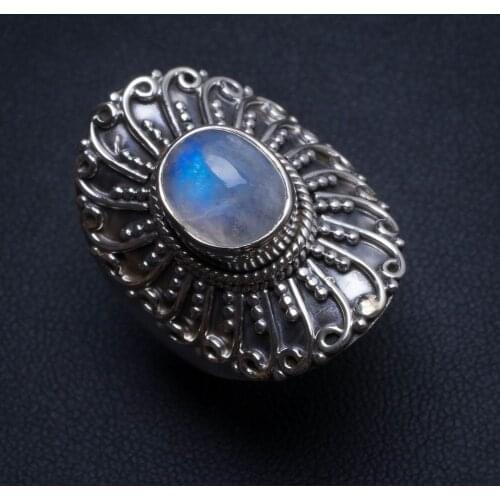 Natural Rainbow Moonstone Handmade Vintage 925 Sterling Silver Ring, US size 9 T6625