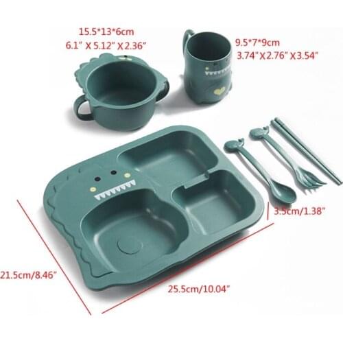 W3JF 6Pcs Baby Cartoon Dinosaur Tableware Dinnerware Kids Anti-hot Training Plate
