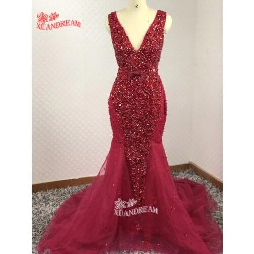 XUANDREAM Heavy crystals beads bling bling evening dress vestidos-de-fiesta elegant v neck side lace up mermaid evening dresses