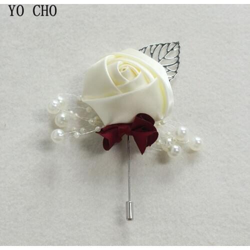 YO CHO Wedding Corsage Flower Silk Rose Groom Boutonniere Buttonhole Pin Boutonniere Men Wedding Planner Marriage Corsage Flower