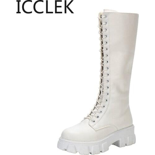 New Women Casual Boots Winter 2021 Women Fashion Platform Gothic Shoes Black Leather Boots Lace Up Women Knee-High Boots