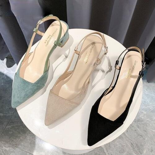 Women Buckle Square Heel Shoes Party Footwear Comfortable Beige Summer 2021 Womens thick heel sandals with toe cap