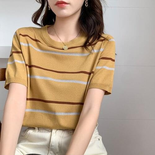 2021 New Design Feeling Half Sleeve Thin Short Top Tide Real Price Ice Silk Sweater T-Shirt Womens Summer Wear