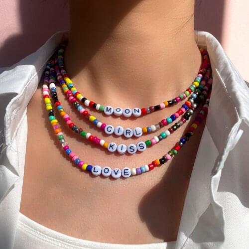 Custom Letters Beaded Necklace For Women Kiss Letter Colorful Acrylic Seed Bead Strand Choker Collar Bohemian Jewelry 2021 New