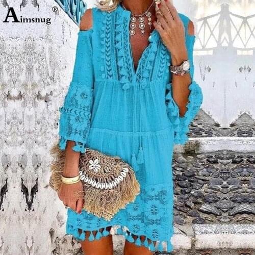 Plus Size 4xl 5xl Bohemian Tassel Dress For Women Long Sleeve V-neck Loose Beach Dress 2021 Summer Above Knee Dresses Femme