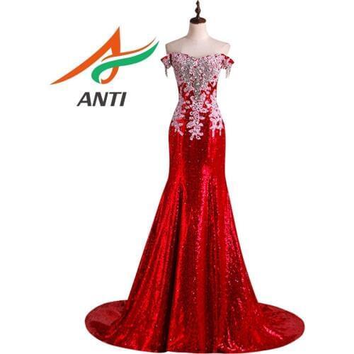 ANTI Charming Red Sequins White applique Mermaid Evening Dress Elegant V-neck beaded Crystal Vestido De Festa Prom Gowns Lace up