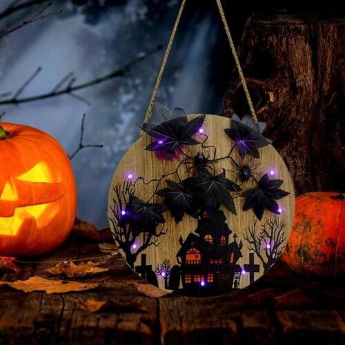 2021 Halloween Decoration Wooden Door Plate With Light For Party Holiday Door Hanging Ghost Castle Witch Home Wall Decor Gift