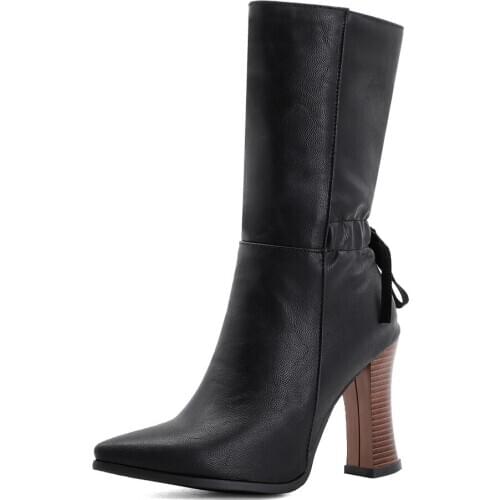 Pointed Wood Grain Profiled Heel Lace Mid-Calf Boots Side Zipper Short Plush Print Super High Heel Mid-Calf Boots