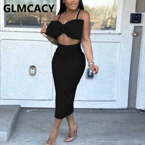 Two Piece Elegant Dress Suits Spaghetti Strap Crop Top & Bodycon Midi Skirt Set