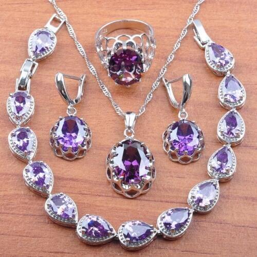 Dubai Jewelry Sets Earrings And Necklace Set Russian Style Wedding Jewelry Silver Color Purple Crystal Rings Bracelet JS0166