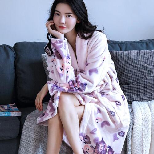 H5933 Fashion Robes Women Coral Fleece Warm Sleepwear Flannel Autumn Winter Long Sleeve Bathrobe Home Service Female Nightwear