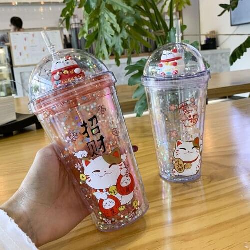 Cartoon Fashion Straw Cup Summer Cold Drink Caffte Cup Creative Korean Version Cute Cat Drinking Cup Couple Cup Student Cup
