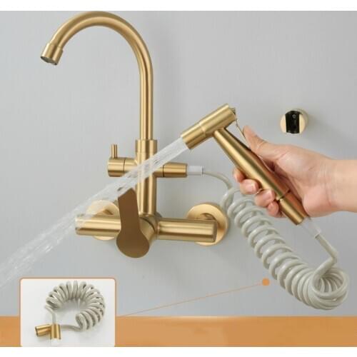 Wall mounted Brushed gold stainless steel kitchen faucet with bidet spray shower head ,Rotatable,Cold a