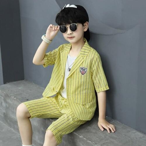 New Striped Short Sleeve Turn-down Summer Boys Suit 3-15 Years Old Childrens Clothes for Boy Kids Casual Clothes Three Pieces
