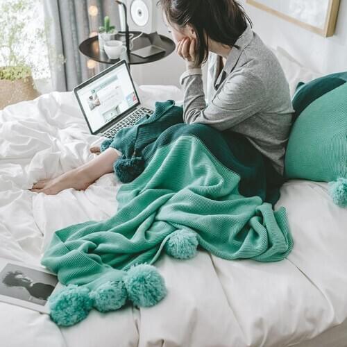 40Solid Color Sofa Blanket Entirely Handmade Hanging Ball Full-cotton Knitted Blanket Pillow Set Decoration Home 130x180cm