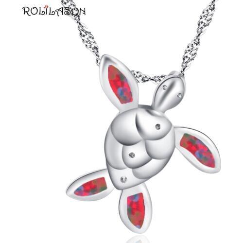 ROLLASON Turtle Shape silver color Red fire Opal Party Gift Necklace pendant fashion Jewelry OP844