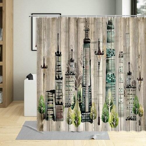 Retro Board Shower Curtain City Building Flowers Background Bamboo Bathroom Home Decorative Cloth Waterproof Washable Fabric