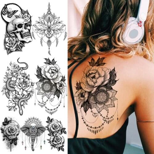 Rose Mandala Flower Pendant Temporary Tattoos For Women Girls Realistic Elephant Snake Henna Fake Tattoo Sticker Back Arm Tatoos