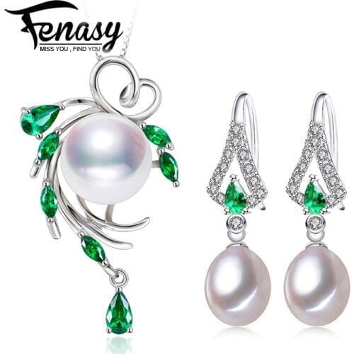 FENASY 925 Sterling Silver Jewelry Sets Natural Pearl Drop Earrings Luxury Emerald Pendant Necklace Chain Necklaces For Women