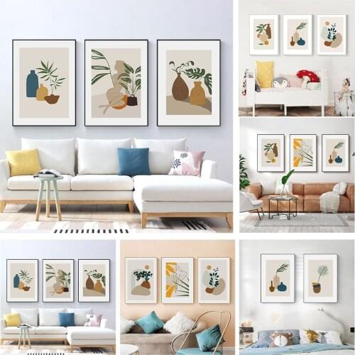 Nordic simple Morandi color geometric vase plant leaves restaurant mural small fresh poster canvas decorative picture