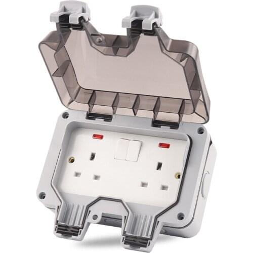 IP66 UK standardwaterproof and dustproof outdoor wall white Double power switch socket with Light 13A for home garden 250V