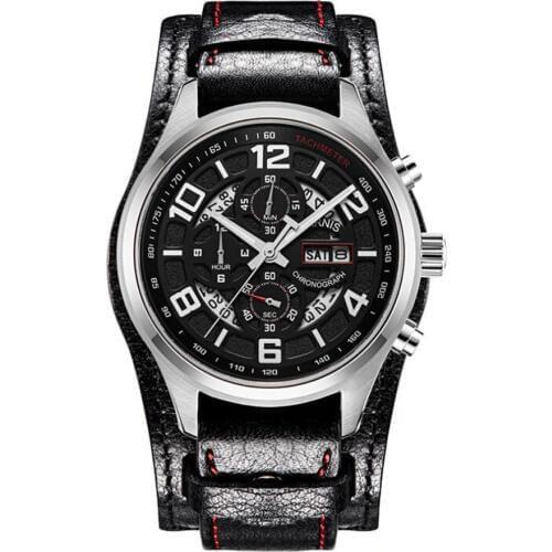 Parnis Pilot V Serier Luminous Mens Leather Watchband Military Sport Chronograph Quartz Watch Wristwatch With Static Second Hand