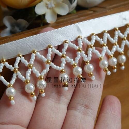 45cm White Gold Pearl Fringe Beaded Lace Trim Garment Wedding Dress Tassel Lace Decoration Shoes Ornaments Hanging Bead Sewing