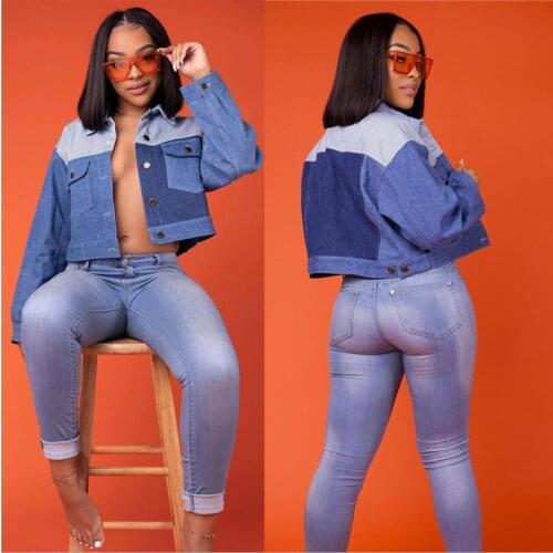 Unique Women Contrast Color Patchwork Denim Jackets Streetwear Ladys Turn-down Collar Full Sleeve Single-breasted Short Coats