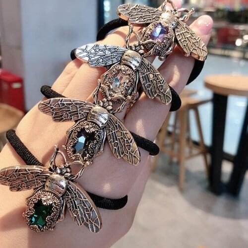 Retro Bee Elastic Hair Bands for Women Elegant Crystal Rhinestone Head Ponytail Rope Tie Female Hair Scrunchies Girls